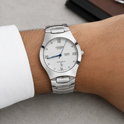 Citizen Quartz White Dial Stainless Steel Watch on Wrist